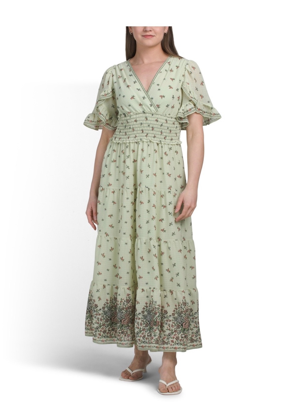 Max Studio Pale Mint Floral Smocked-Waist Maxi Dress
